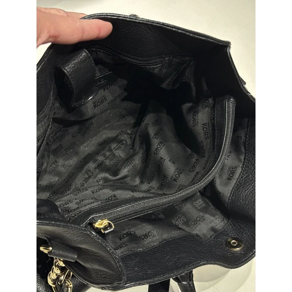 Michael Kors Hamilton Black Leather Tote Bag Shoulder Strap Medallion 15"x10"x4" - Picture 10 of 13